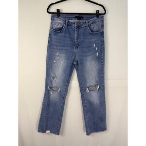 Risen Distressed Straight Leg Jeans Womens 15 Blue Good High Rise Raw Hem 32W